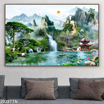Download file gốc Tranh sơn thủy thác nước 2928TTN (in lụa) tranh 3D