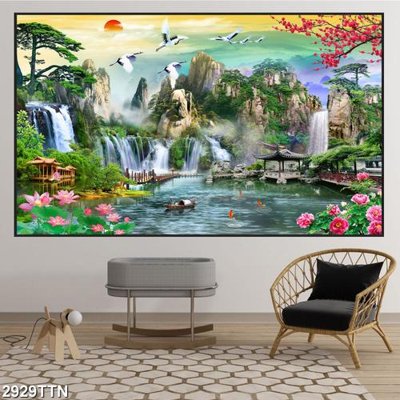 File tranh in tráng gương Tranh sơn thủy thác nước 2929TTN (siêu nét)