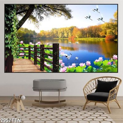 File in lụa Tranh sơn thủy thác nước 2957TTN (chất lượng cao) Tranh sơn thủy thác nước 2957TTN