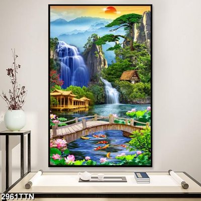 File tranh Tranh sơn thủy thác nước 2961TTN (gốc) in trên kính