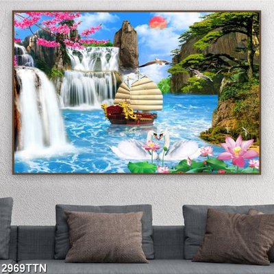 Hình ảnh file gốc in trần nhà Tranh sơn thủy thác nước 2969TTN