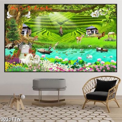 File tranh in tráng gương Tranh sơn thủy thác nước 3031TTN (siêu nét)