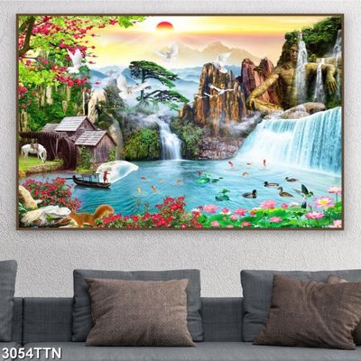 File gốc Tranh sơn thủy thác nước 3054TTN (in lụa) chi tiết cao