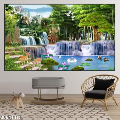 File tranh gốc PSD Tranh sơn thủy thác nước 3064TTN còn nguyên layer