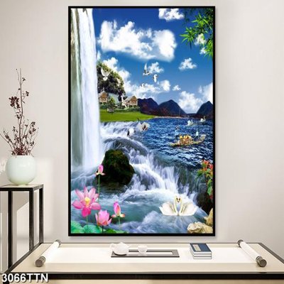 File gốc Tranh sơn thủy thác nước 3066TTN (in lụa) chi tiết cao