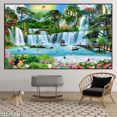 File gốc Tranh sơn thủy thác nước 3124TTN (in lụa) hoa văn cổ điển