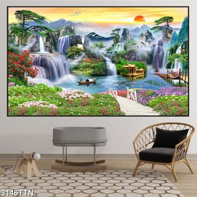 File tranh gốc PSD Tranh sơn thủy thác nước 3146TTN còn nguyên layer