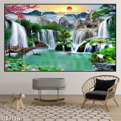 File gốc Tranh sơn thủy thác nước 3184TTN (in lụa) tranh mã đáo