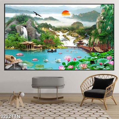 File tranh gốc Tranh sơn thủy thác nước 3202TTN chủ đề hiện đại