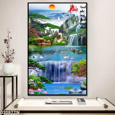 File gốc Tranh sơn thủy thác nước 3209TTN (in tráng gương) hiện đại
