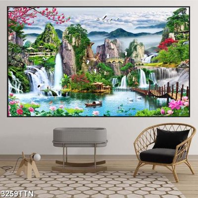 File gốc Tranh sơn thủy thác nước 3259TTN (in lụa) tranh phong thủy