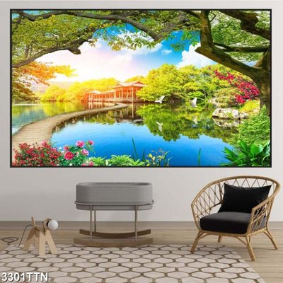 File gốc Tranh sơn thủy thác nước 3301TTN (in lụa) họa tiết 3D