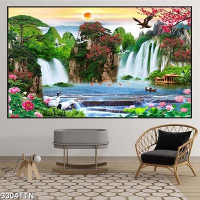 Ảnh gốc Tranh sơn thủy thác nước 3304TTN (độ nét cao) in tráng gương