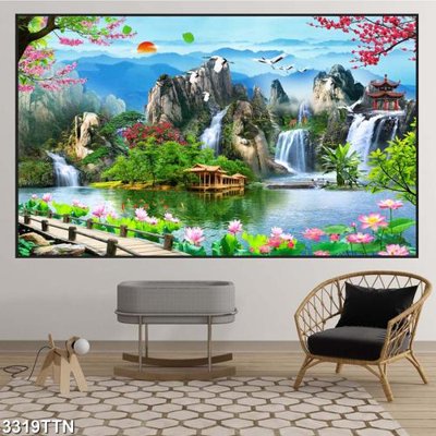 File gốc Tranh sơn thủy thác nước 3319TTN (in mica) làm bảng hiệu