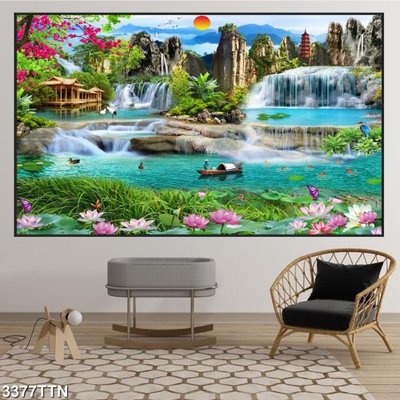 Ảnh gốc file in lụa Tranh sơn thủy thác nước 3377TTN chi tiết