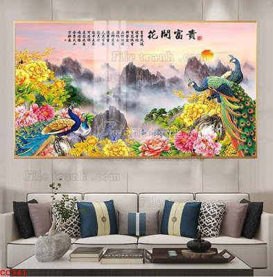 File in trần File gốc tranh chim công CC341 (bản gốc) mây trời