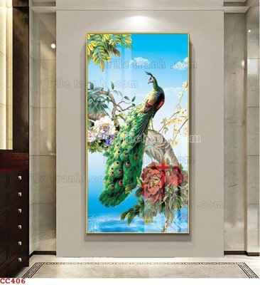 File in trần File gốc tranh chim công CC406 (bản gốc) mây trời
