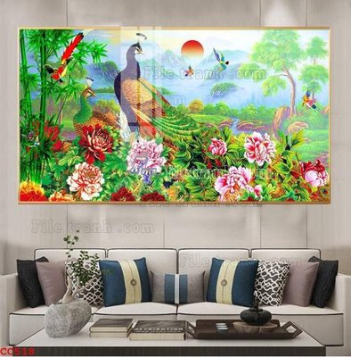 Ảnh gốc File gốc tranh chim công CC518 (nét căng) in mica