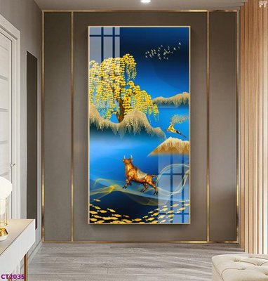 File in mica File tranh cây tiền tài lộc hoa đào tết CT2035 (bản gốc) làm vách ngăn