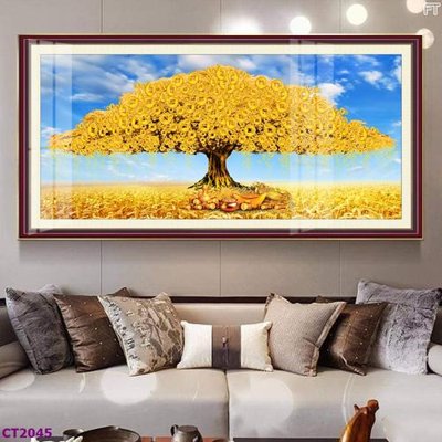 File in lụa File tranh cây tiền tài lộc hoa đào tết CT2045 (chất lượng cao) File tranh cây tiền tài lộc hoa đào tết CT2045