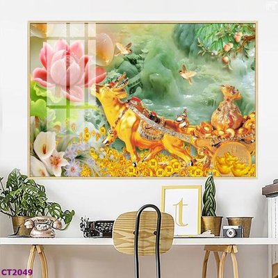 File in mica File tranh cây tiền tài lộc hoa đào tết CT2049 (bản gốc) làm vách ngăn