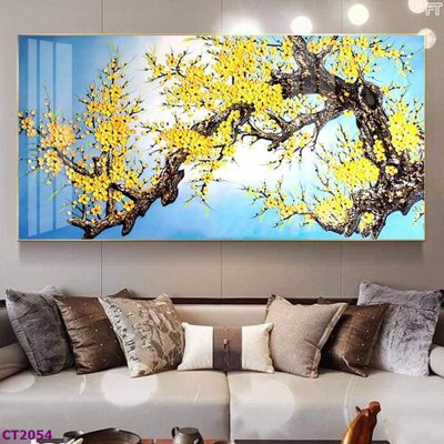 File in mica File tranh cây tiền tài lộc hoa đào tết CT2054 (bản gốc) làm vách ngăn