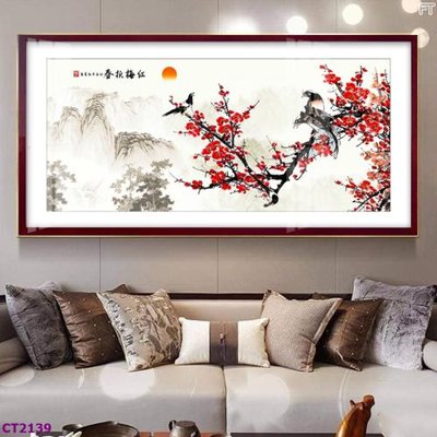 File gốc File tranh cây tiền tài lộc hoa đào tết CT2139 (in tráng gương) ốp tường