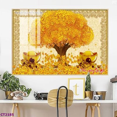 File tranh gốc in trần nhà File tranh cây tiền tài lộc hoa đào tết CT2185 3D