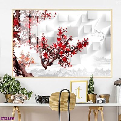 File in trần File tranh cây tiền tài lộc hoa đào tết CT2189 (bản gốc) bầu trời