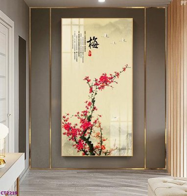 File in trần File tranh cây tiền tài lộc hoa đào tết CT2219 (bản gốc 3D) sống động