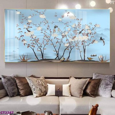 File tranh in tráng gương File tranh cây tiền tài lộc hoa đào tết CT2247 (siêu nét)