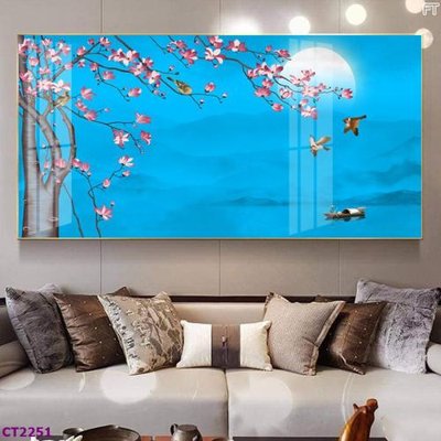 File in trần File tranh cây tiền tài lộc hoa đào tết CT2251 (bản gốc) mây trời