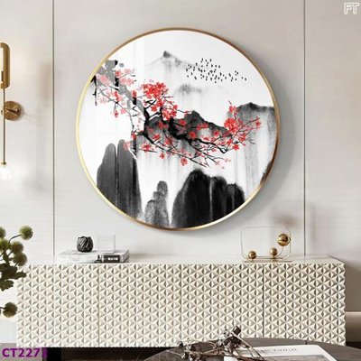 Download file gốc File tranh cây tiền tài lộc hoa đào tết CT2272 (in lụa) hoa lá