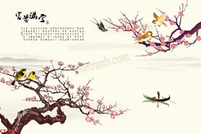 Ảnh gốc File tranh hoa đào hoa mai tài lộc CT4034 (nét căng) in mica