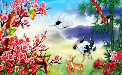 File gốc File tranh hoa đào hoa mai tài lộc CT4171 (in lụa) tranh mã đáo