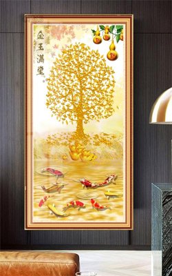 File gốc Tranh thần tài cây tiền CT515 (in lụa) hoa văn cổ điển