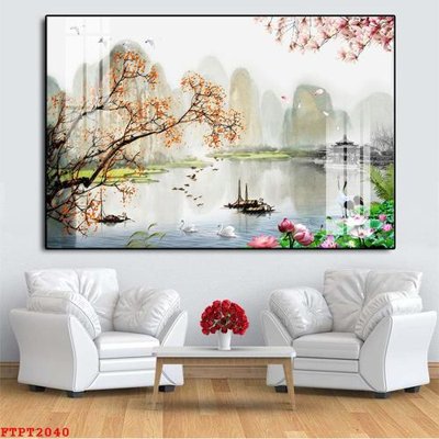 File in trần Tranh sơn thủy thác nước FTPT2040 (file gốc) xuyên sáng