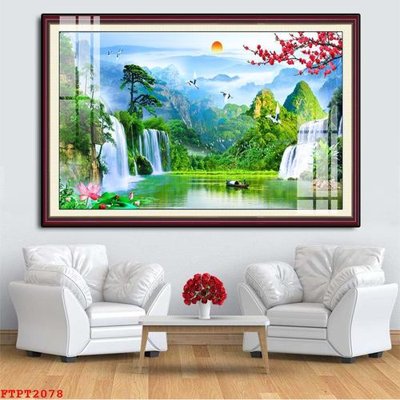 File gốc Tranh sơn thủy thác nước FTPT2078 (in lụa) trang trí tường