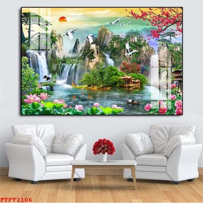 File in trần Tranh sơn thủy thác nước FTPT2106 (bản gốc 3D) sống động