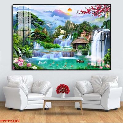 Download file gốc Tranh sơn thủy thác nước FTPT2109 (in lụa) hoa lá