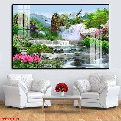 File gốc Tranh sơn thủy thác nước FTPT2139 (in tráng gương) hiện đại
