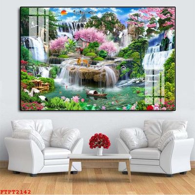 File in trần Tranh sơn thủy thác nước FTPT2142 (bản gốc 3D) sống động