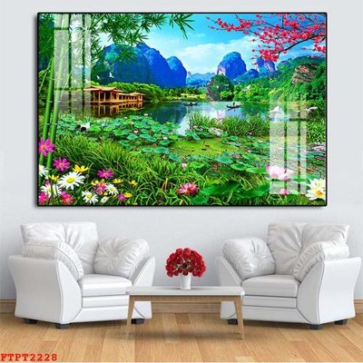 File in lụa Tranh sơn thủy thác nước FTPT2228 (chất lượng cao) Tranh sơn thủy thác nước FTPT2228
