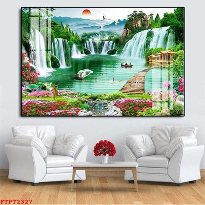 File gốc in tráng gương Tranh sơn thủy thác nước FTPT2327 chi tiết