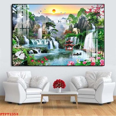 File in lụa Tranh sơn thủy thác nước FTPT2358 (phong cảnh) Tranh sơn thủy thác nước FTPT2358