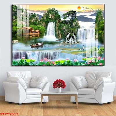 File gốc Tranh sơn thủy thác nước FTPT2513 (in lụa) cao cấp
