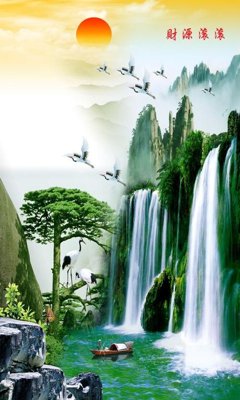 Download file Tranh sơn thủy thác nước FTPT2537 (gốc) in mica bàn thờ