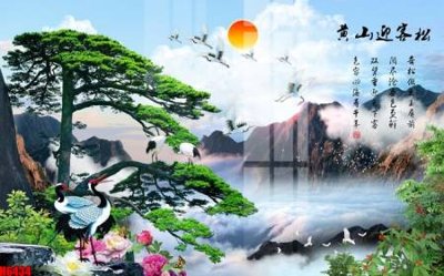 File gốc file tranh nền tường thủy mặc tổng hợp H6434 (in lụa) tranh phong thủy