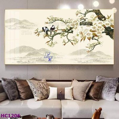 File tranh File tranh hoa và chim tối giản trung quốc HC1206 (ảnh gốc) in trần 3D