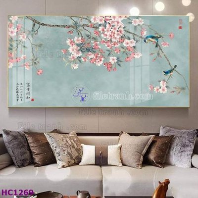 Hình ảnh file gốc in trần nhà File tranh hoa và chim tối giản trung quốc HC1269